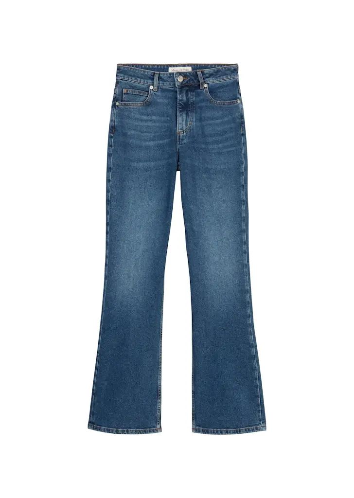 Denim trousers, high waist, flared fit, regular length