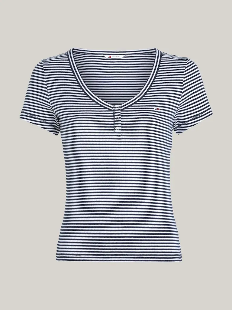 TJW SLIM HENLEY STRIPE V-NECK SS